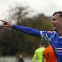 Bailey Thompson celebrates opening the scoring for Pontefract Collieries against Brighouse Town. Photo by Scott Merrylees