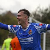 Bailey Thompson celebrates opening the scoring for Pontefract Collieries against Brighouse Town. Photo by Scott Merrylees