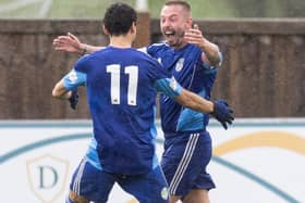 Josh Askew celebrates his goal for Ossett United at Silsden. Picture: Jessica Garside
