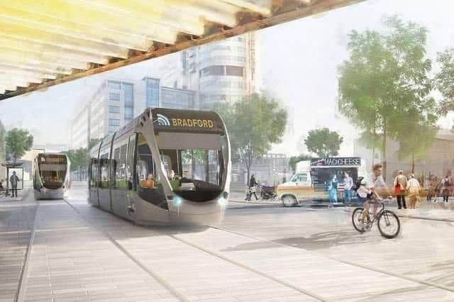 An artists impression of light rail trams trains network public transport system for the West Yorkshire mass transit scheme across the county. The scheme is expected to cost more than £2bn and be fully operational in 2040