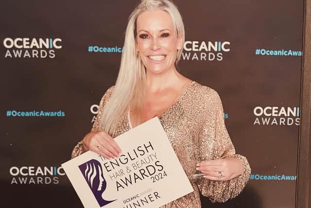 Jane Jennings at the English Hair and Beauty Awards 2024, which took place on Sunday, April 14. The annual black-tie event was held at Leeds United Football Club and saw Jane take home the Training Academy of the Year Award