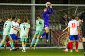 Wakefield AFC goalkeeper Drew Bremer makes a catch in his side's win over Harrogate Railway Athletic. Picture: Steve Biltcliffe