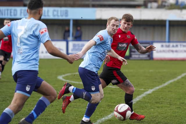 James Walshaw and Nathan Curtis combine in attack for Ossett United. Picture: Scott Merrylees