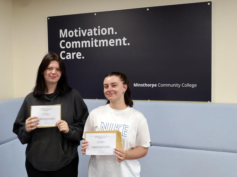 Dannii Prideaux and Ella Shakespeare picking up their results at Minsthorpe Community College