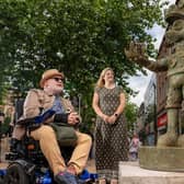 Artist Jason Wilsher-Mills and Michelle Collins, Wakefield Council\'s cabinet member for culture, leisure and sport with pictured with the \'Amazon love God\' statue 