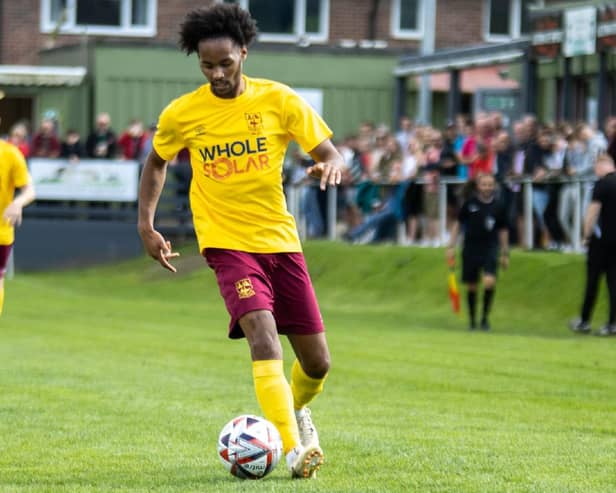 Iyrwah Gooden was on target for an Emley equaliser as they drew 1-1 with unbeaten Albion Sports. Photo by Mark Parsons