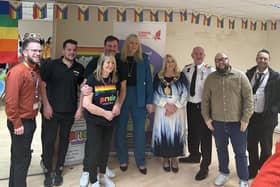 Speakers at the LGBT History Month event at the Socialicious Recovery Hub in Wakefield. Speakers included Coun Josie Pritchard, Mayor of Wakefield (fourth from right) and the chairperson of Trans Wakefield, Christene Jayne Backhouse (fifth from right).