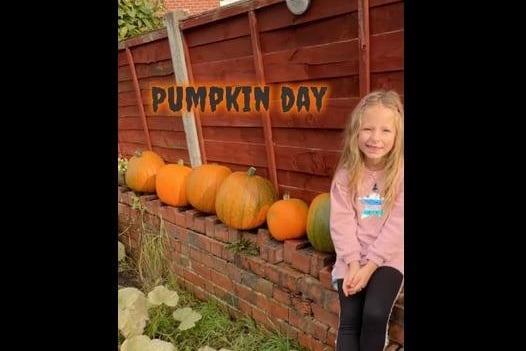 Melanie Scott sent this photo of Harley Rose with her home grown pumpkins.