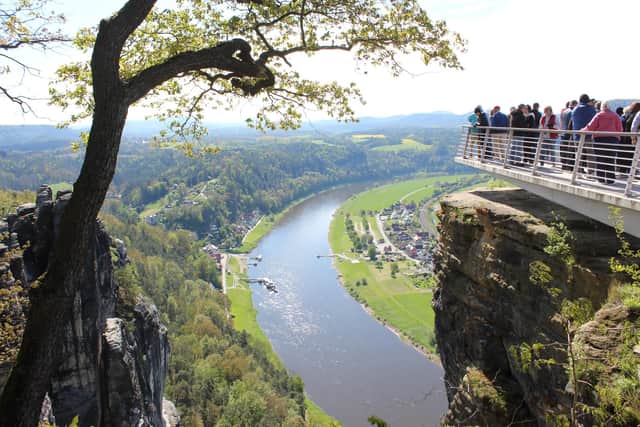 View of the winding River Elbe from the Bastei lookout point.