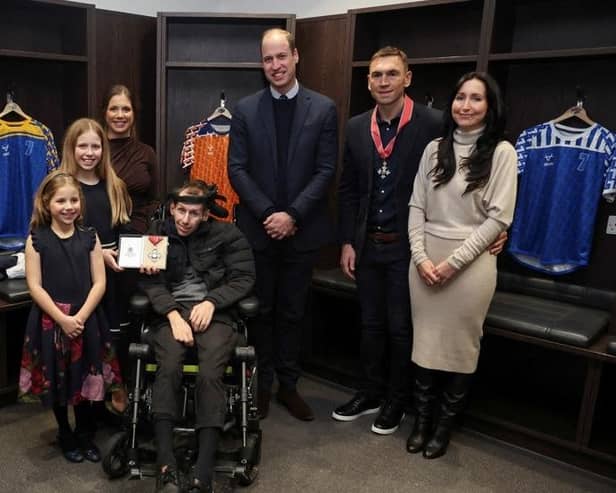 Prince William, Prince of Wales travelled to Leeds to meet Kevin Sinfield and his wife, Jayne, Rob Burrow, wife Lindsey and daughters Macy, 11, and Maya, eight,  after presenting Kevin and Rob with their CBE (Commander of the Order of the British Empire) medals at Headlingley Stadium. (Photo by PHIL NOBLE / POOL / AFP) (Photo by PHIL NOBLE/POOL/AFP via Getty Images)