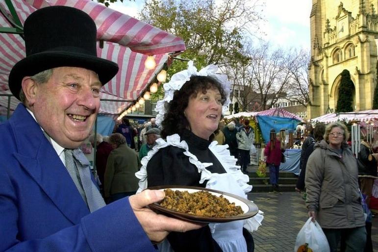 Stallholders Lewis Wood of Castleford and Bridget Lee, of East Ardsley, looking the part at the Victorian Christmas Market in 2001