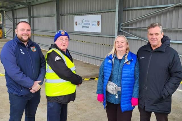 Frank Burnley, club chairman Trevor Waddington, vice-chairman Tom Wiles and secretary Tina Goodworth at the opening of Pontefract Collieries' Fred Burnley Stand.