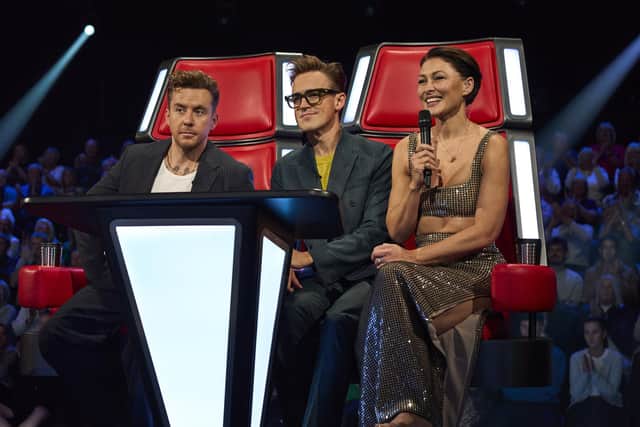 Judges Danny Jones and Tom Fletcher with host Emma Willis.
