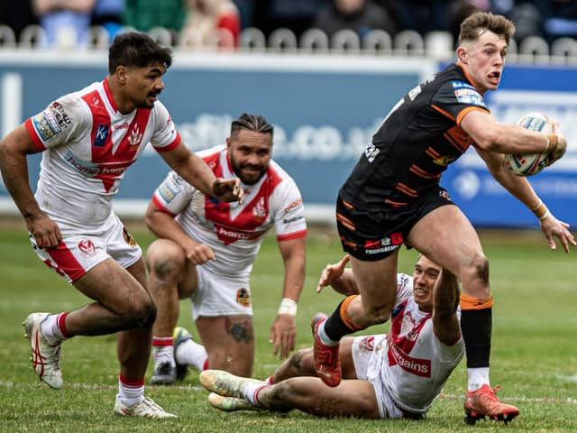 Castleford Tigers' Jack Broadbent makes a break in his impressive display against St Helens. Picture: Tony Johnson