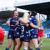 Featherstone Rovers Ladies celebrate against Barrow Raiders in 2022. Picture: John Victor