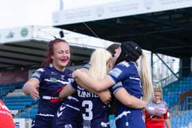 Featherstone Rovers Ladies celebrate against Barrow Raiders in 2022. Picture: John Victor