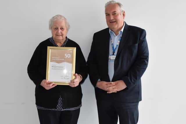 Pontefract Hospital worker Margaret Jewison was presented with her long service award by Mid Yorkshire Teaching NHS Trust’s Chairman Keith Ramsay.