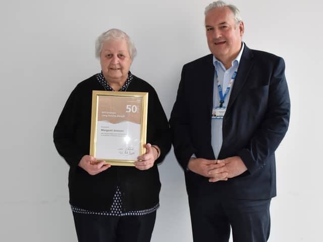 Pontefract Hospital worker Margaret Jewison was presented with her long service award by Mid Yorkshire Teaching NHS Trust’s Chairman Keith Ramsay.