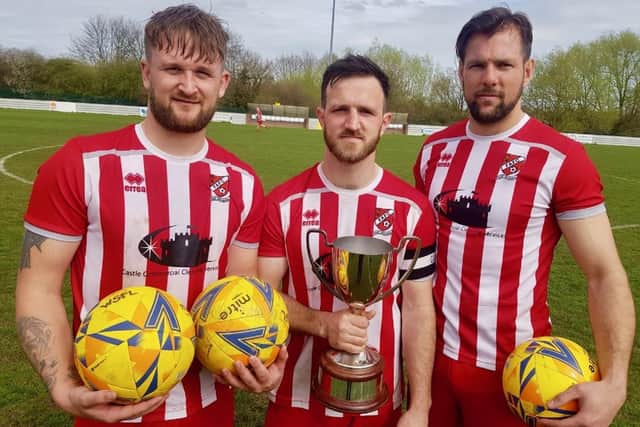 Goal scorers and man of the match for Fryston AFC in the Premiership Cup final (from left) Stephen Campbell, Jamie Simpson and Spencer Bond.