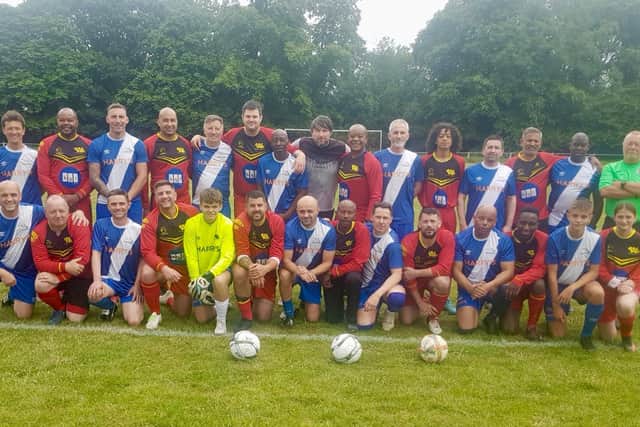 The two Wakefield Athletic Old Boys sides before the memorial charity match they played in memory of long-serving club stalwart Mikey Bell who was with them for over two decades before passing away from rare disease amyloidosis.