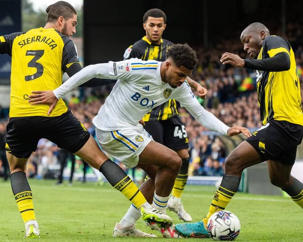 Georginio Rutter takes on Watford defenders Francisco Sierralta and Edo Kayembe in his sparkling display for Leeds United.