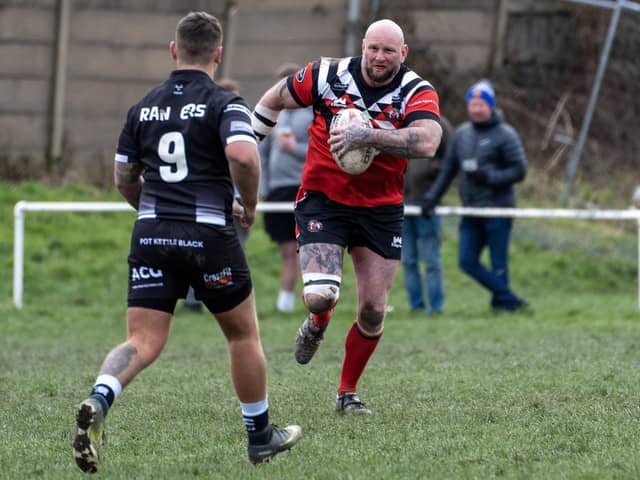 Adam Biscomb on the charge for Normanton Knights against Saddleworth Rangers. Picture: Scott Merrylees