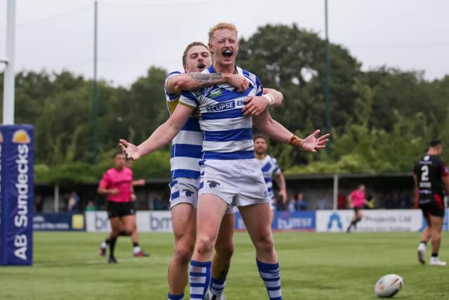 Lachlan Walmsley celebrates scoring the try that sent Halifax Panthers to Wembley