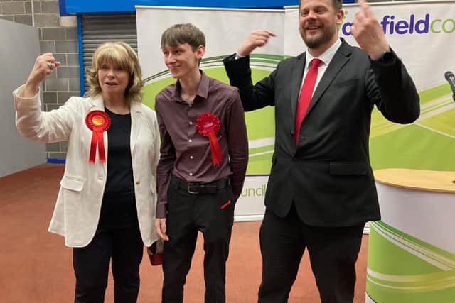 Wakefield Council leader Denise Jeffery, newly elected Coun Jordan Bryan and Wakefield MP Simon Lightwood at the count