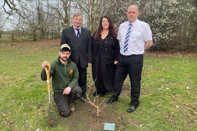 Kneeling, YSP Head groundsman Will Grinder, Mark Brailsford and Janice Wake who worked on the Mulberry Bush Project, and Andy Parker, People Hub Manager at HMP Wakefield.