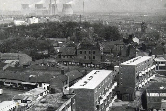 This picture was taken from the tenth storey of Luke Williams House, a block of flats in Horsefair, Pontefract, in 1967. Ferrybridge Power Station can be seen in the distance.