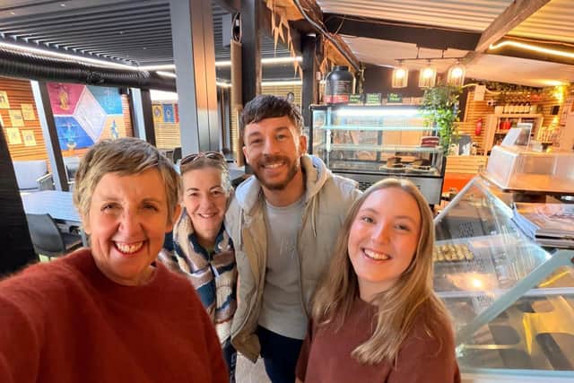 Julie Hesmondhalgh, Victoria Haycock (owner), Jordan Haycock (Victoria’s son), Bryony Butler (barista).