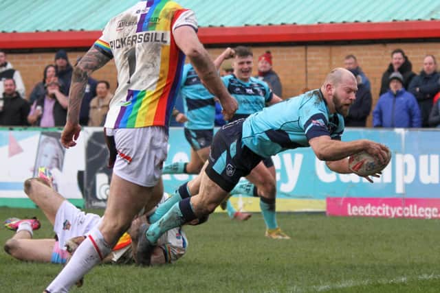 Brad Day reaches out to score a try against Keighley Cougars. Picture: Kevin Creighton