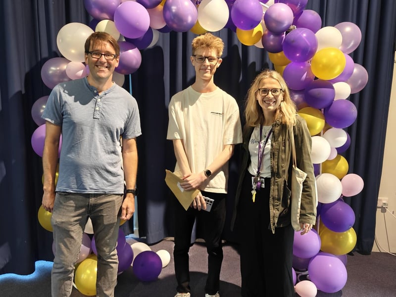 Will (centre) is heading to the University of Leeds to study computer science after picking up his results at Outwood Grange Academy today