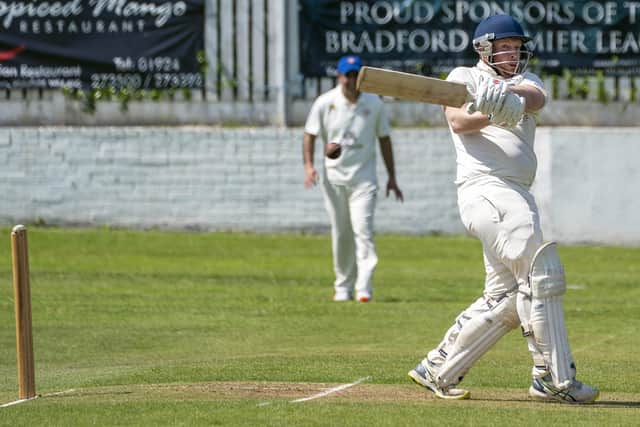 James Conlon hits out on the way to a century for Great Preston at Wakefield St Michael's. Picture: Scott Merrylees