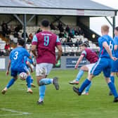 Alex Metcalfe comes up with the shot that won the game for Emley as it put them 2-1 up against Guisborough Town. Photo by Mark Parsons