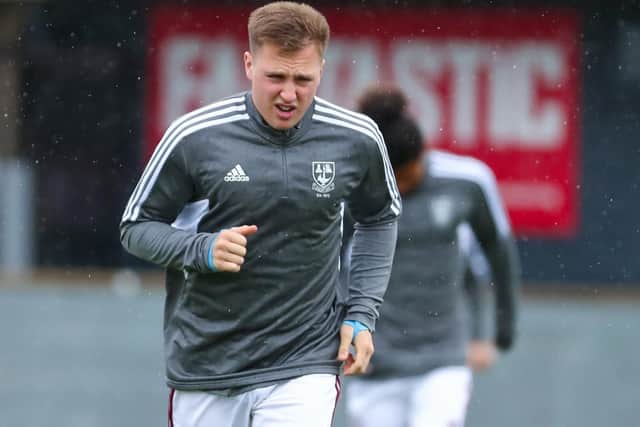 Aaron Haswell in the "warm-up" ahead of Emley's game with Lancaster City. Picture: Emley AFC/ Mm10_sports_photo