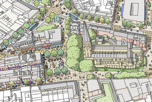 Illustration shows how the Cathedral Quarter is to be transformed, and the flow from there across Cross Square and up Wood Street with new food and beverage business opportunities along the way.