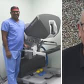 Patient Michael Nowakowski and Surgeon Mr Mohantha Dooldeniya with the robot