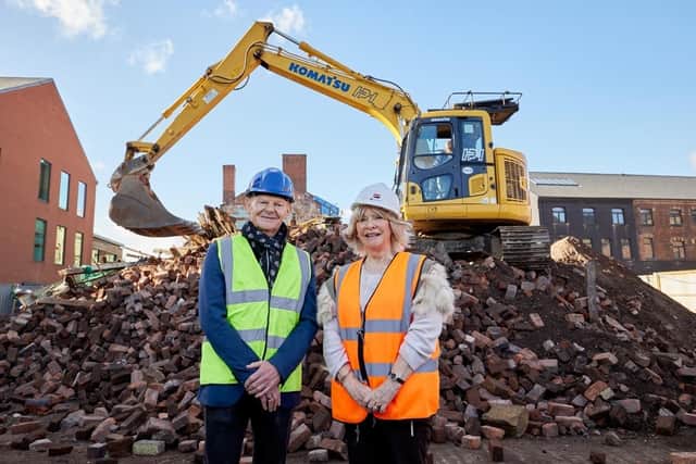 Paul Kempe, Director of City and Provincial Properties, and Denise Jeffery, Leader of Wakefield Council, at the site of phase two of the Tileyard North project.