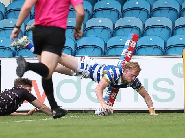Lachlan Walmsley goes over for one of his four tries against Barrow Raiders. (Photo credit: Simon Hall)
