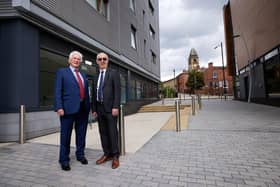 Kevin McLoughlin and Les Shaw outside the new coroner's court at Mulberry House, Merchant Gate, Wakefield.