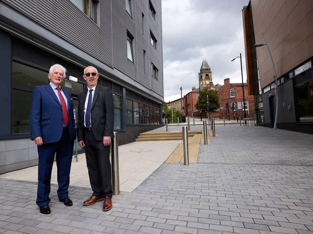 Kevin McLoughlin and Les Shaw outside the new coroner's court at Mulberry House, Merchant Gate, Wakefield.