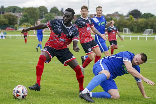 Horbury Town's Lamin Bojang looks to make space in the game against Louth Town. Picture: Scott Merrylees