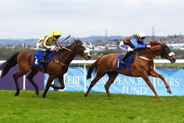 Torcello forges ahead for victory in the second race of the new season at Pontefract. Picture: Anna Gowthorpe