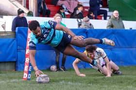 Manoa Wacokecoke comes up with a spectacular dive for a Featherstone Rovers try at Keighley Cougars. Picture: John Victor