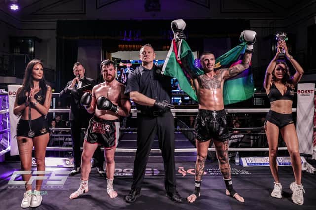 Aaron Slimane has his hands raised after his convincing victory at the Combat Fight Series CFS 13 event at York Hall, London.
