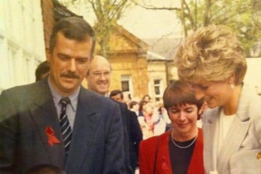 Princess Diana meeting the late Keith Challen, the Wakefield Drug and Alcohol Action Team Coordinator, with the son of Senior Operations Manager, Bev Firth, on a visit to Turning Point's Wakefield services in the 1980s