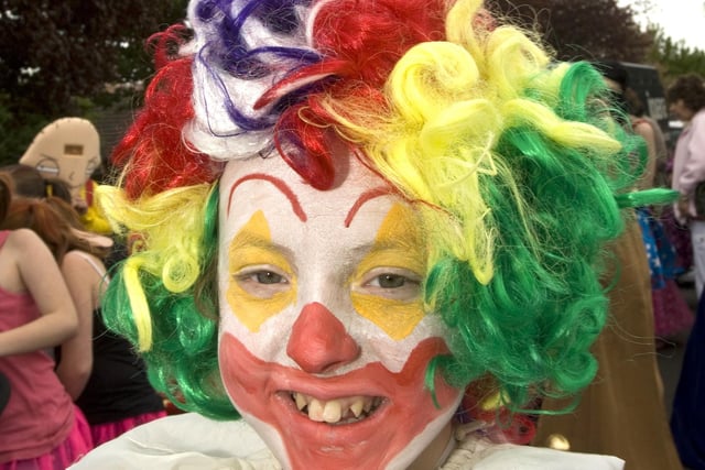Rosina Clayton dressed as a clown in the Gawthorpe Maypole Procession in 2009.