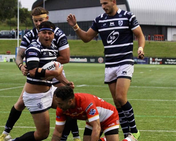 Arama Hau celebrates scoring one of his two tries for Featherstone Rovers at Sheffield Eagles. Photo by KC Photography