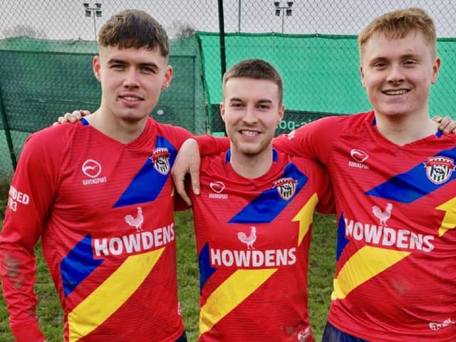 Wakefield Athletic A scorers in their 6-2 Seymour Memorial Trophy victory over Whitwood Metrostars (from left) Ted Dunning, Ash Downing and Dominic Taylor.